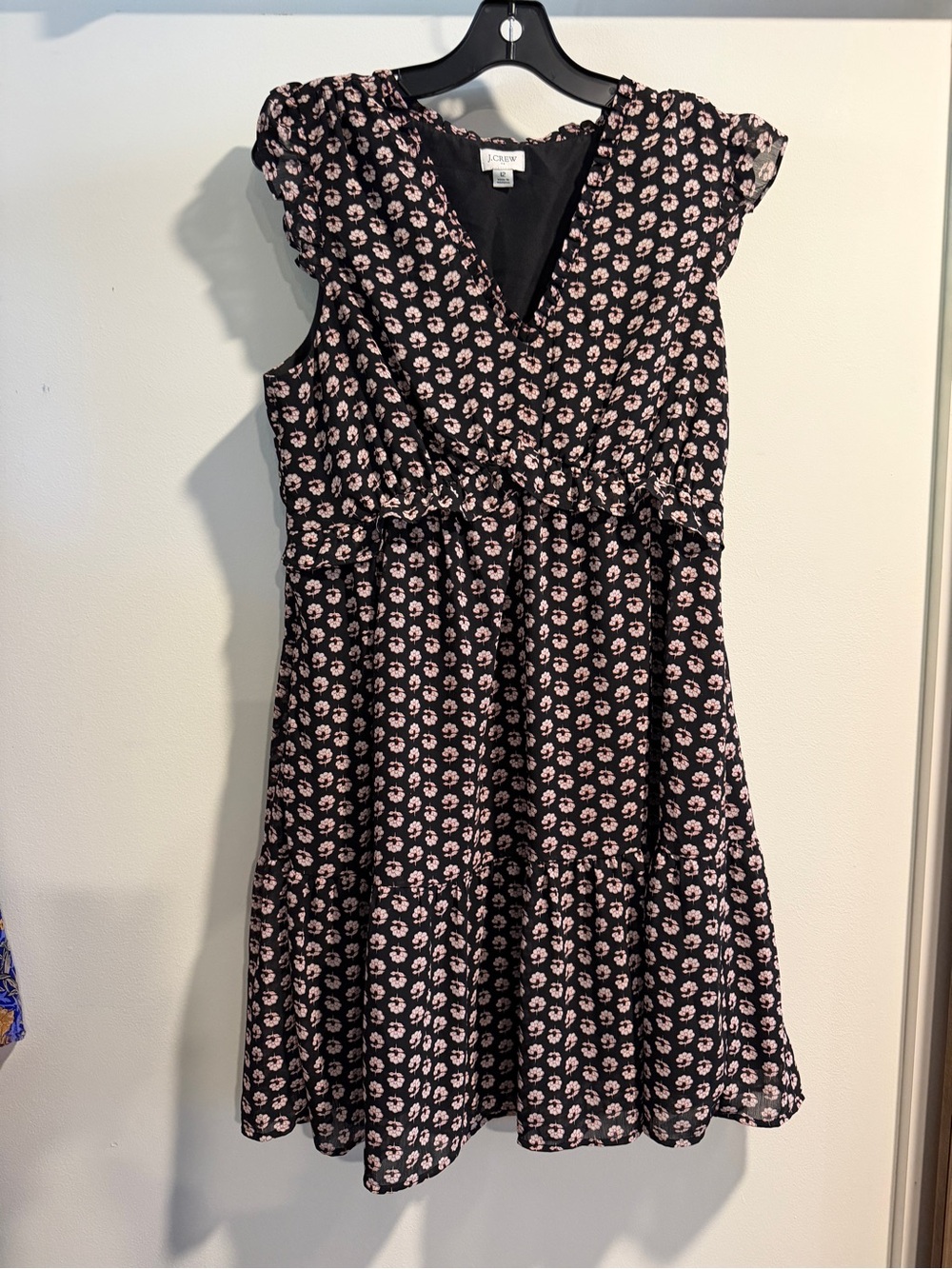 J. Crew Black Mini Dress with Pink Daisy Print